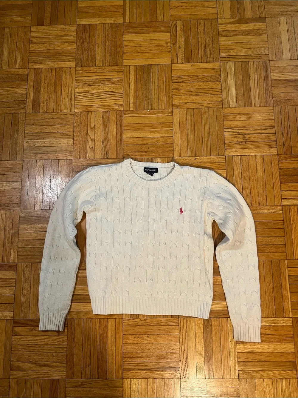 Preppy Kids Ralph Lauren Cream Cable-Knit Crewneck Sweater with Pink Pony Large